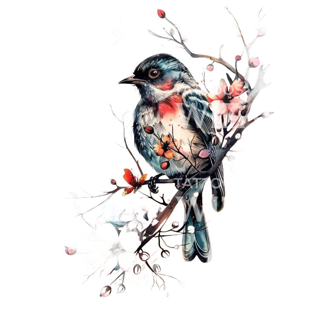 Watercolor Spring Bird Tattoo Design