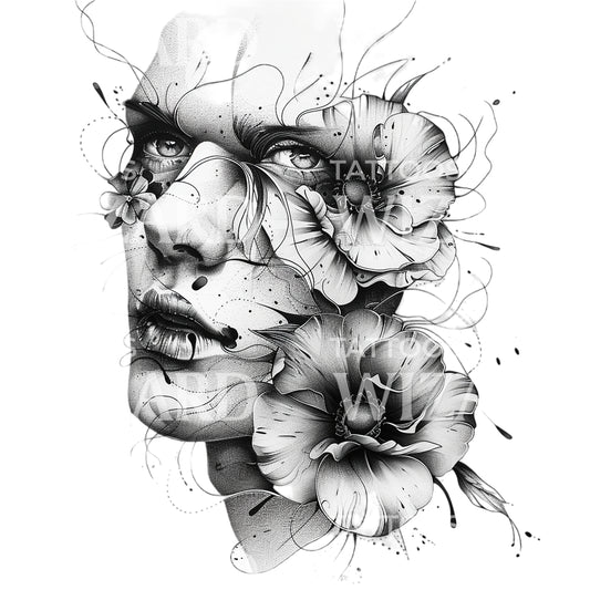 Intense Man Portrait with Flowers Tattoo Design