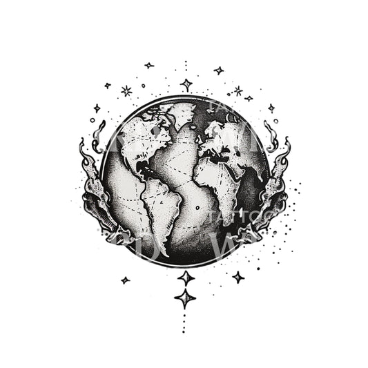 Earth Globe Black & Grey Tattoo Design