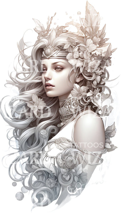 Flow Warrior Woman Antique Tattoo Design