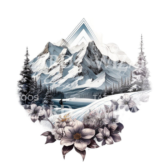 Beau paysage de montagne de ski avec conception de tatouage de fleurs