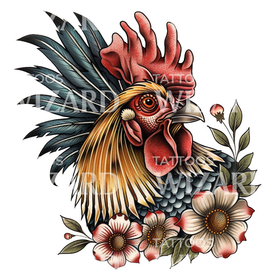Rooster and Flowers Old School Tattoo Design
