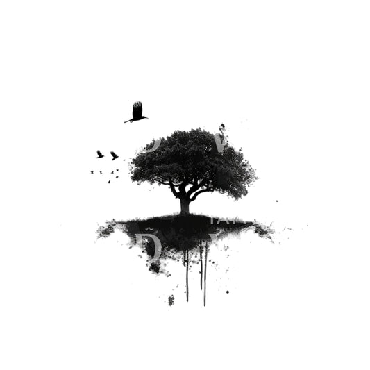 Raven and Mysterious Oak Tree Tattoo Design