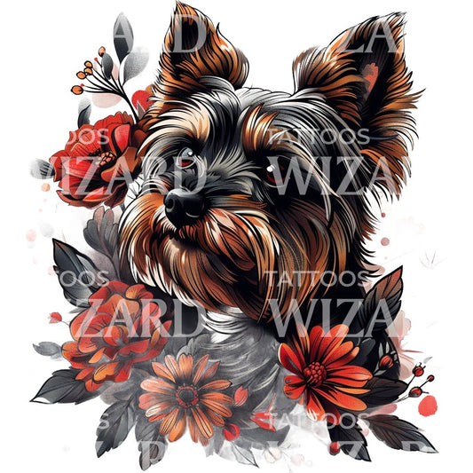 Tiny Yorkshire Dog and Flowers Tattoo Design
