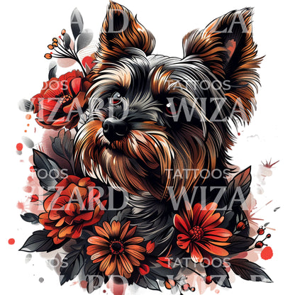 Tiny Yorkshire Dog and Flowers Tattoo Design
