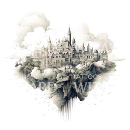 Dotwork Floating City Landscape Tattoo Design