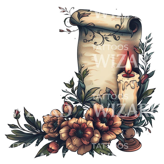 Old Parchment and Candle Tattoo Design