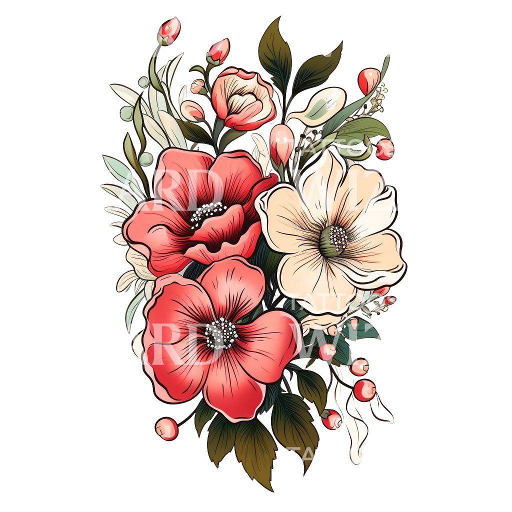 Neo Traditional Wildflowers Tattoo Design