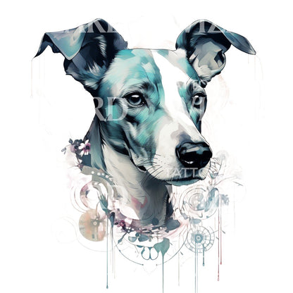 Cute Whippet With Flowers Tattoo Design