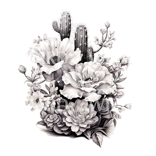 Conception de tatouage de bouquet de cactus et de fleurs