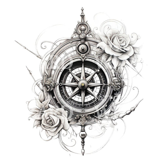 Schwarz-graues Kompass- und Rosen-Tattoo-Design