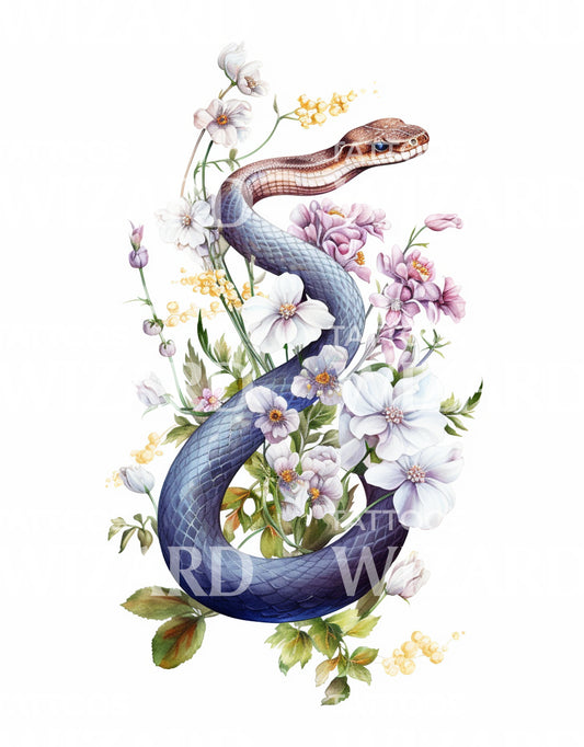 Schlange mit Blumen Tattoo-Design