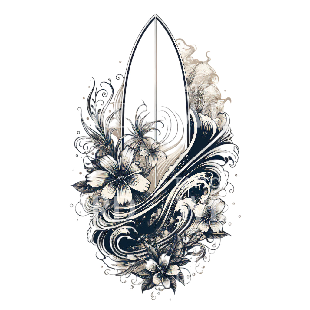 Surf Board and Waves Tattoo Design