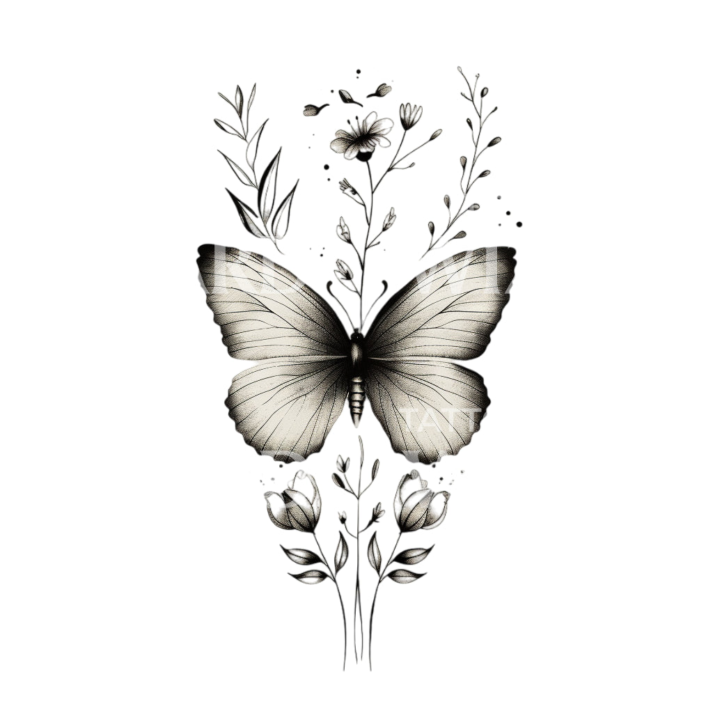 Niedliches, feines Schmetterlings- und Blumen-Tattoo-Design