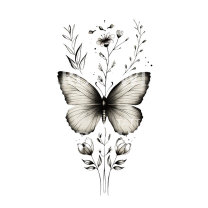 Cute Fine Line Butterfly and Flowers Tattoo Design