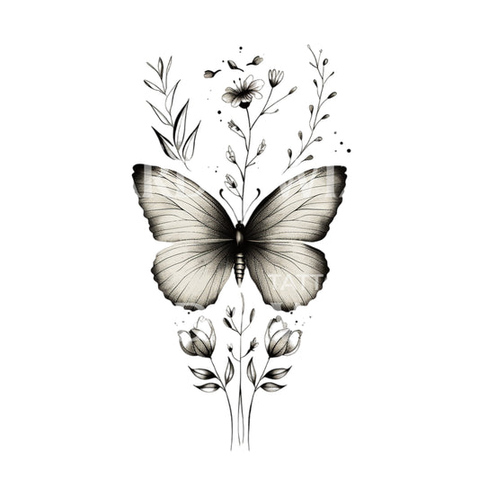 Conception de tatouage mignon de papillon et de fleurs à lignes fines