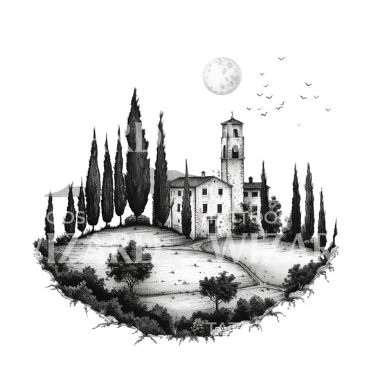 Tuscany Landscape Dotwork Tattoo Design
