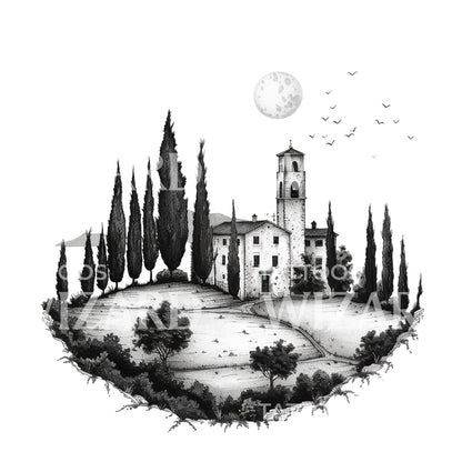 Tuscany Landscape Dotwork Tattoo Design