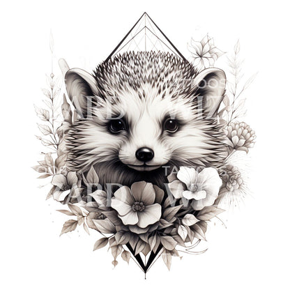 Cute Hedgehog with Wild Flowers Tattoo Design