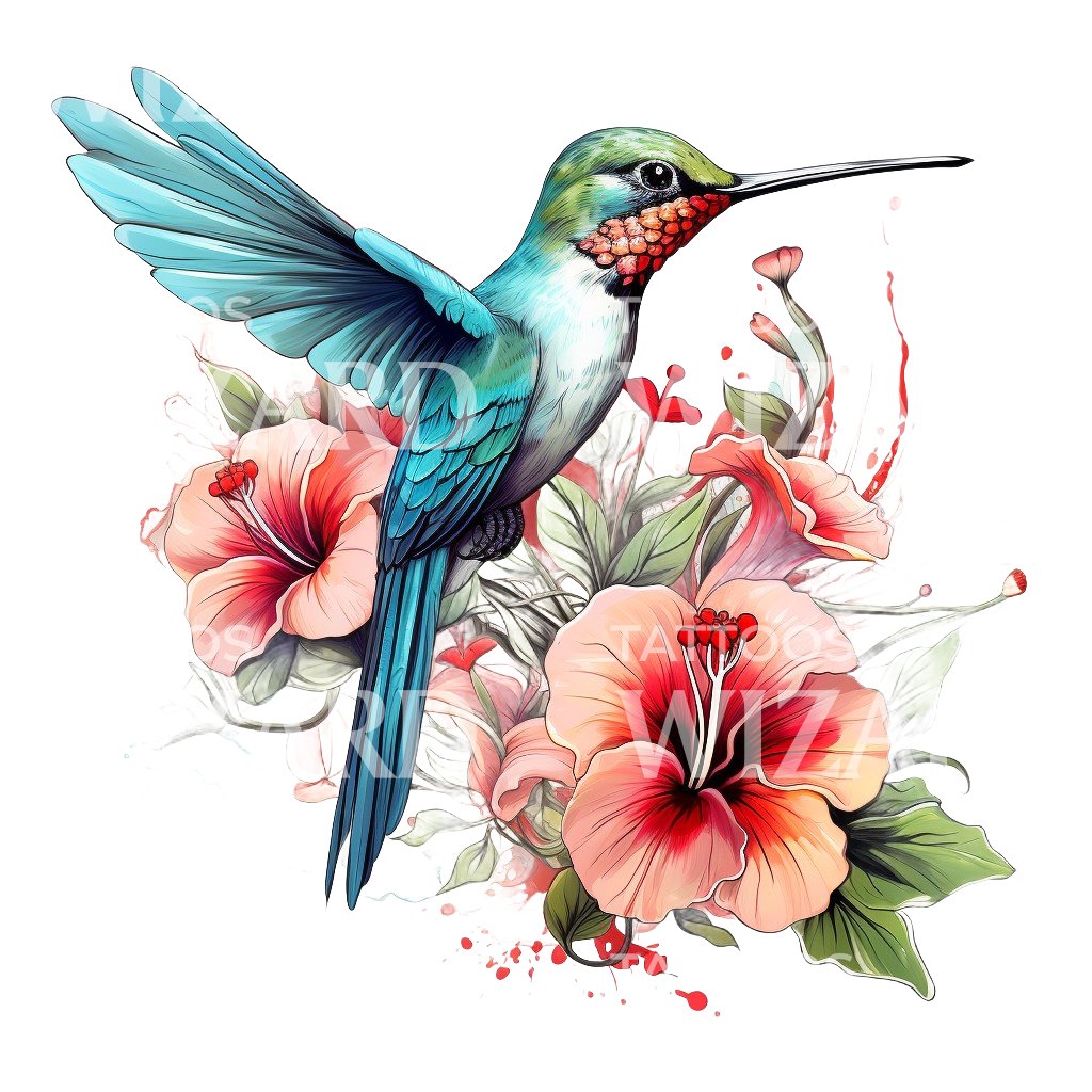 Hummingbird and Ibiscus Tattoo Design