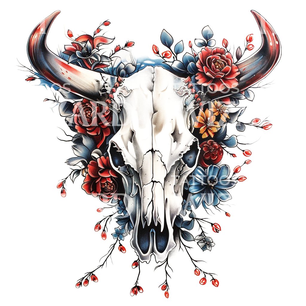 Longhorn Skull and Flowers Tattoo Design