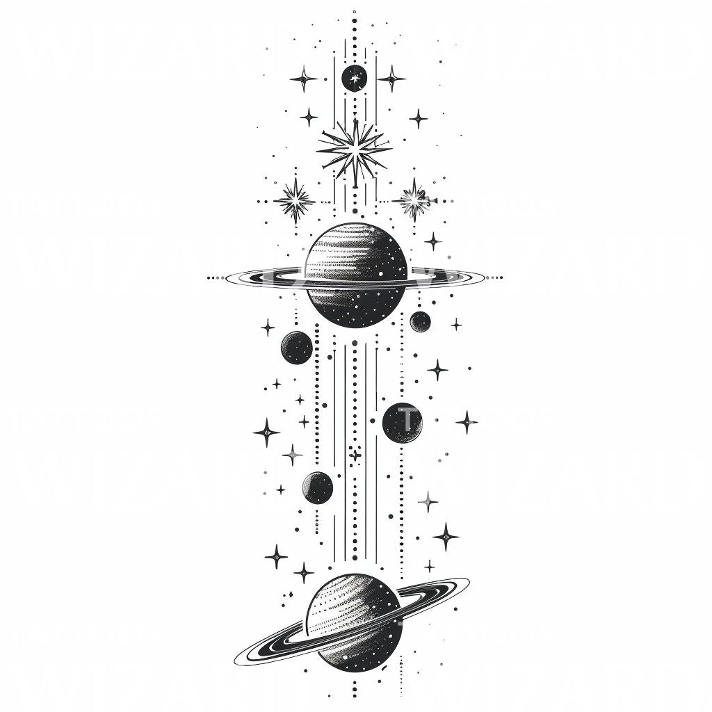 Kosmisches Saturn- und Jupiter-Tattoo-Design