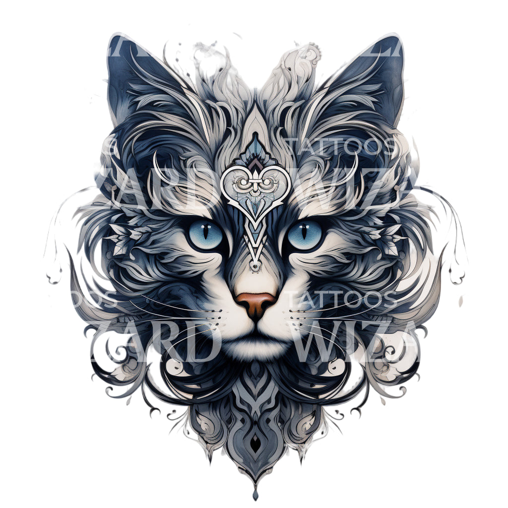 Mystical Cat Portrait Tattoo Design