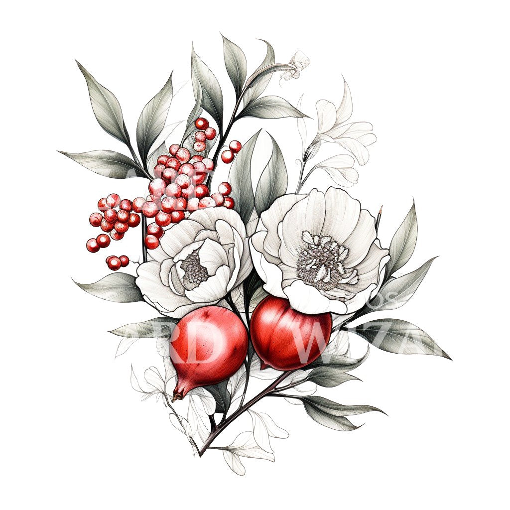 Flowers and Pomegranate Tattoo Design