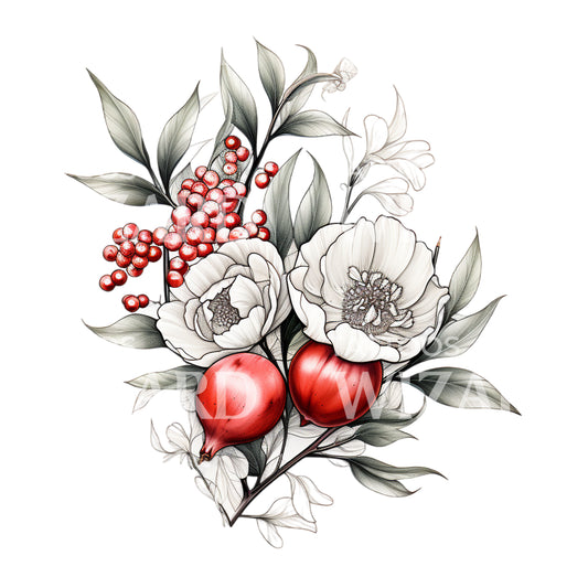 Blumen und Granatapfel Tattoo-Design