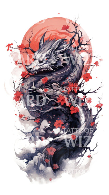 Halfsleeve Red Sun Japanese Dragon Tattoo Design
