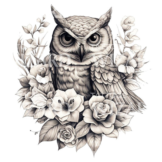Black and Grey Owl and Flowers Design