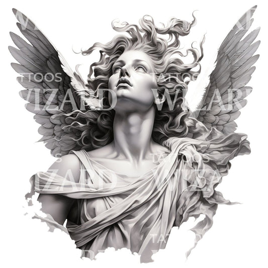 Black and Grey Angel Statue Tattoo Design