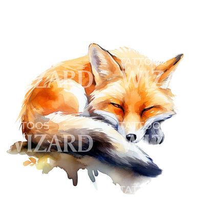 Watercolor Sleeping Fox Tattoo Design