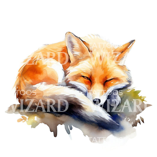 Watercolor Sleeping Fox Tattoo Design