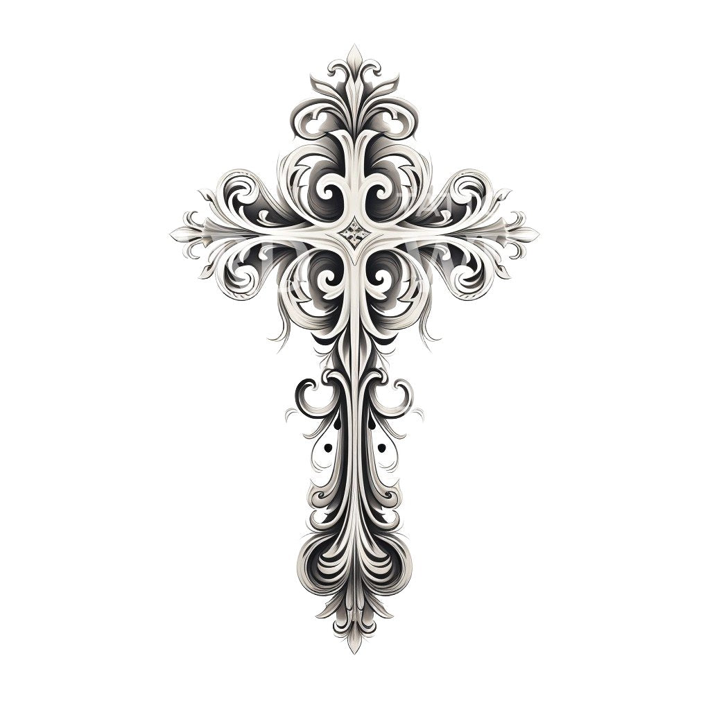 Barockes Kreuz in Schwarz und Grau Tattoo Design