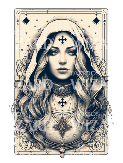 Black and Grey Tarot Card Queen Tattoo Design