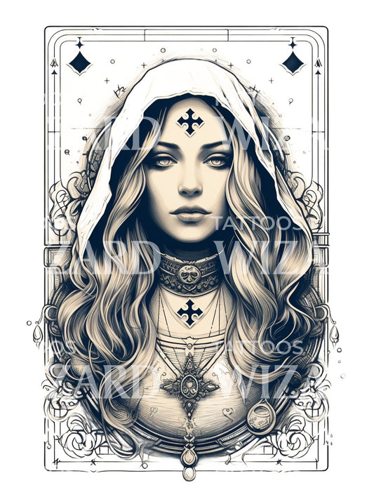 Black and Grey Tarot Card Queen Tattoo Design