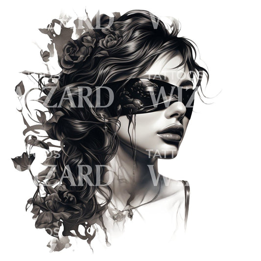 Black and Grey Blindfolded Woman Tattoo Design