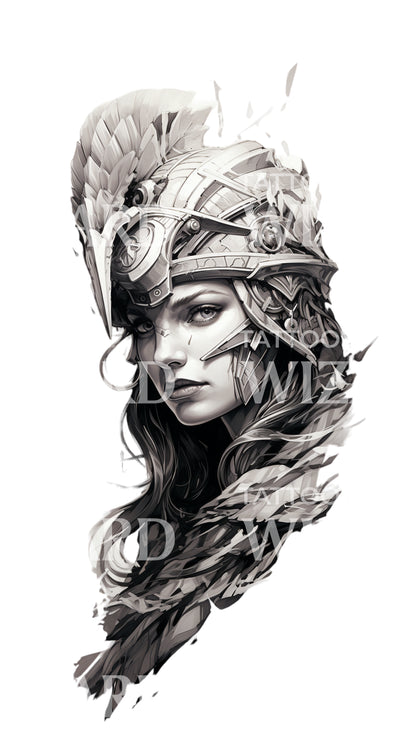 Black and Grey Athena Statue Tattoo Design