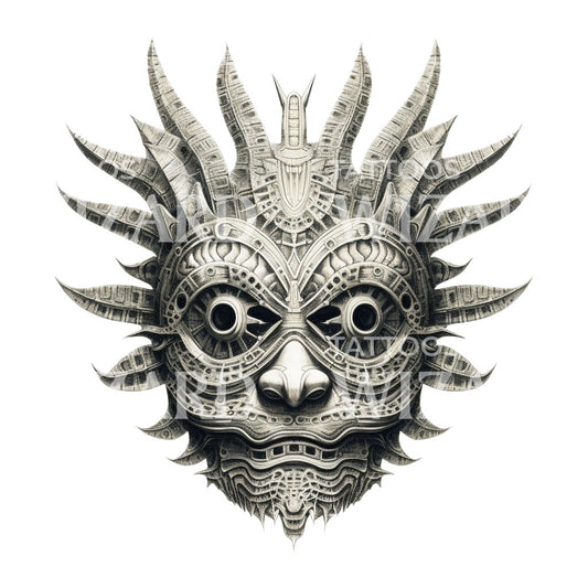 Intriguing Tribal Black and Grey Fish Mask Tattoo Design