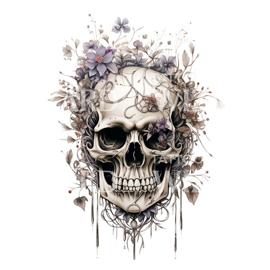 Skull with Flowers Black and Grey Tattoo Design