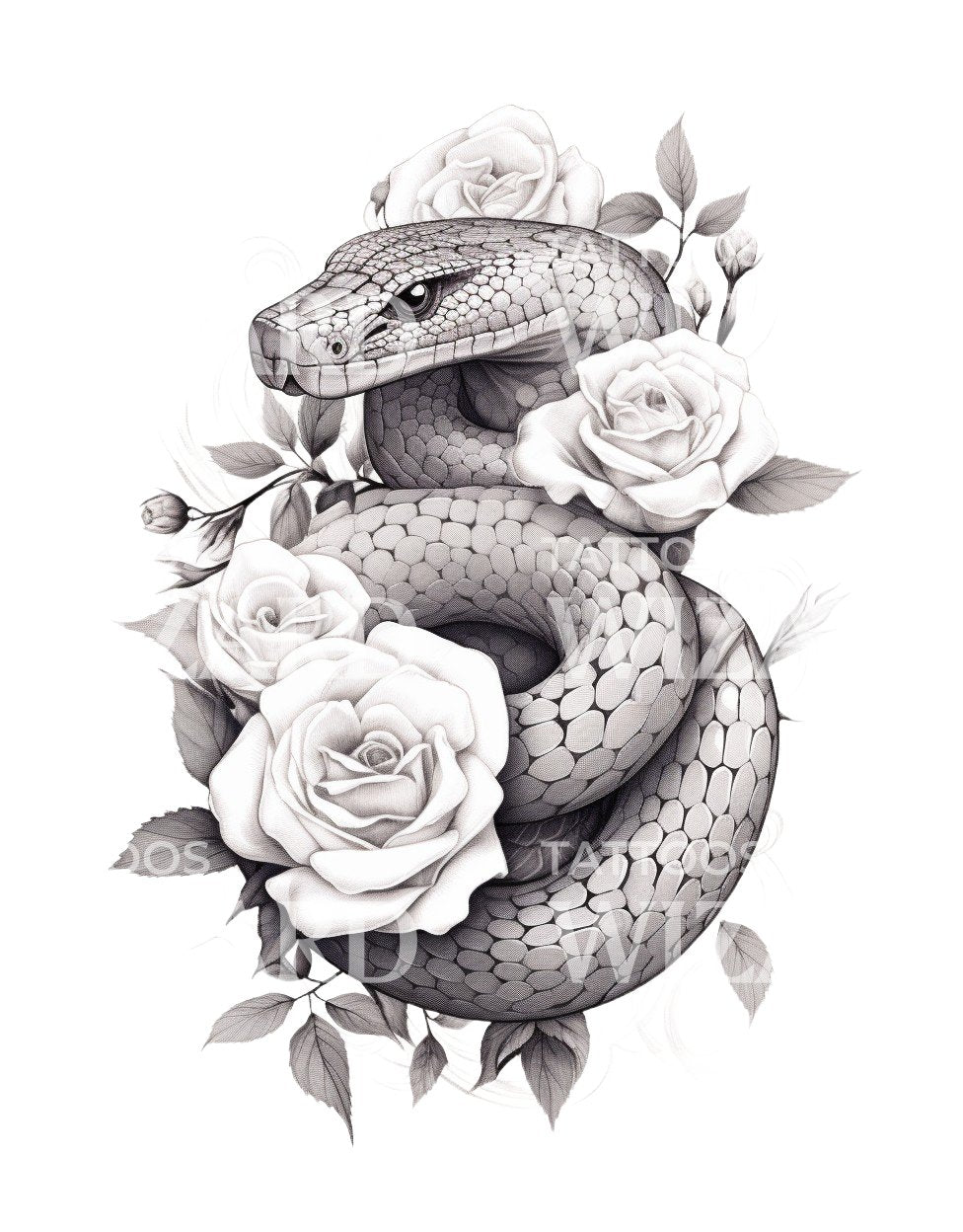 Snake with Roses Tattoo Design