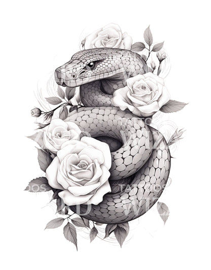 Snake with Roses Tattoo Design