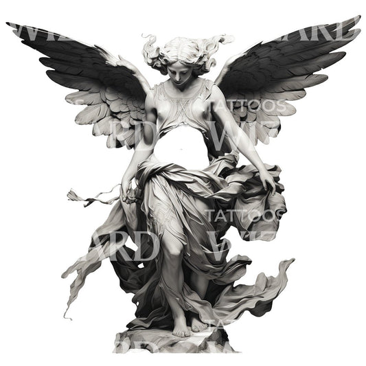 Black and Grey Angel Statue Tattoo Design
