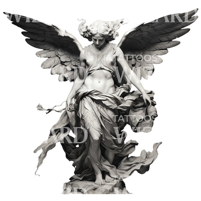 Black and Grey Angel Statue Tattoo Design
