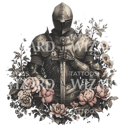 Medieval Knight and Roses Tattoo Design