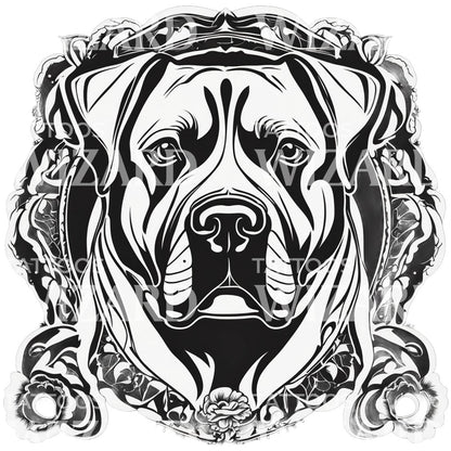 Rottweiler Dog Head with Floral Patterns Tattoo Design