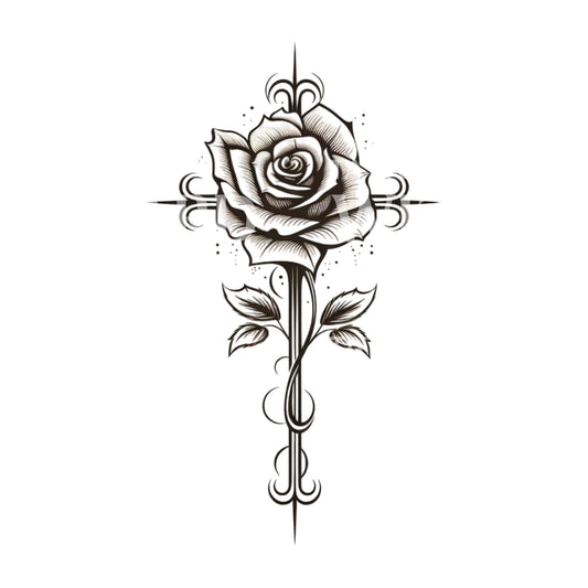 Schwarzes und graues Kreuz mit Rose Tattoo-Design