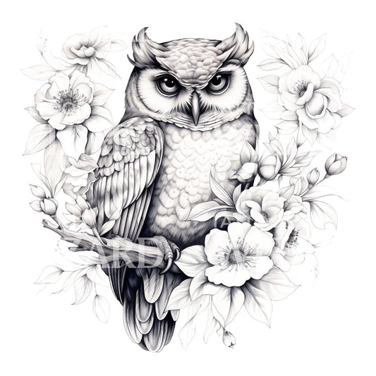 Black and Grey Owl and Flowers Tattoo Design
