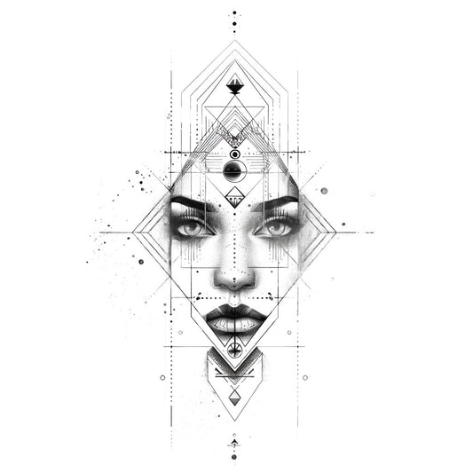 Conception de tatouage de portrait géométrique de belle femme Dotwork